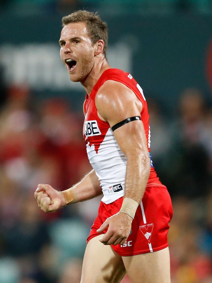 AFL 2016 First Semi Final - Sydney v Adelaide SYDNEY, AUSTRALIA - SEPTEMBER 17: Ben McGlynn of the Swans celebrates a goal during the 2016 AFL First Semi Final match between the Sydney Swans and the Adelaide Crows at the Sydney Cricket Ground on September 17, 2016 in Sydney, Australia. (Photo by Adam Trafford/AFL Media)